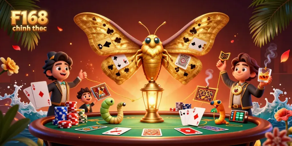 Engage with F168 chính thức as you explore vibrant casino scenes with a majestic atlas moth and poker elements.