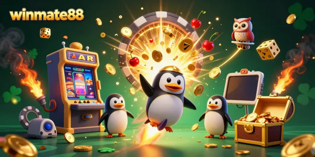 Experience the excitement of winmate88 with a golden penguin racing to a casino, bursting with jackpots and vibrant colors.