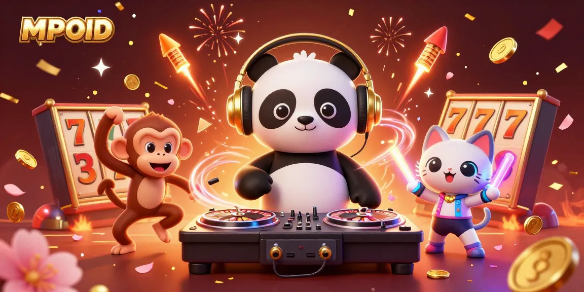 MPOID features a DJ panda, breakdancing monkey, and glow-stick kitten in a vibrant casino scene.