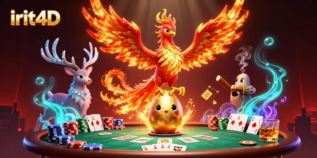 Engage with irit4D in this vibrant scene showcasing poker excitement and magical elements.