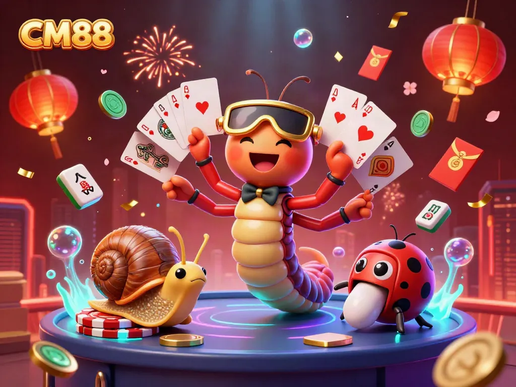 Engage with CM88 casino through a vibrant 3D illustration of unique cartoon characters in a lively gaming scene.