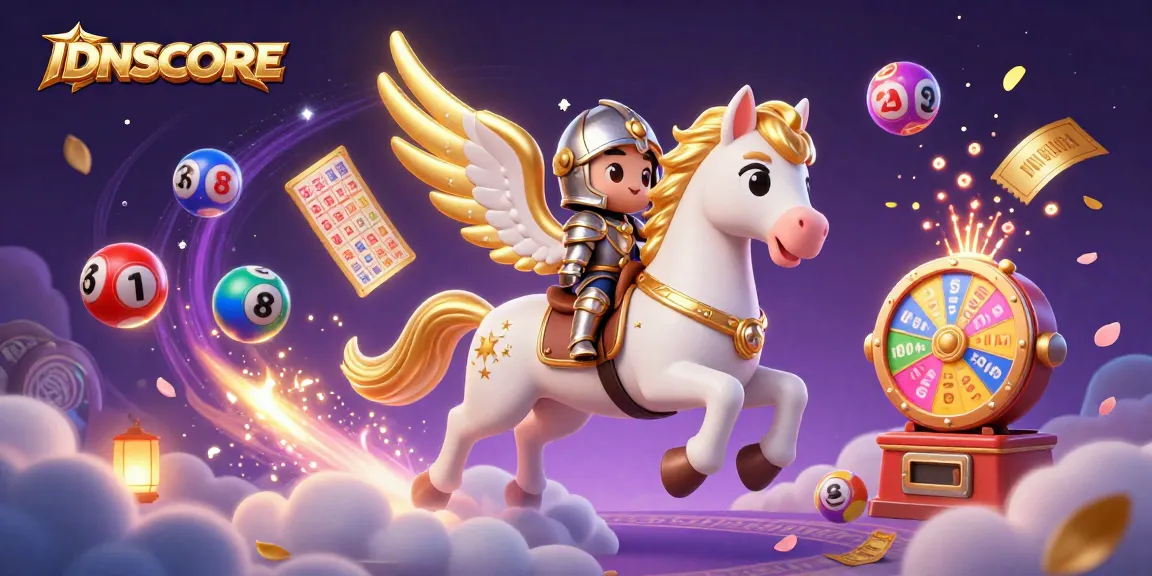IDNSCORE brings excitement with a celestial horse, knight, and dynamic lottery elements in a vibrant casino scene.