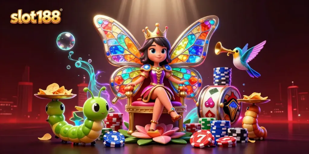 Slot188 menampilkan ilustrasi kasino dengan ratu kupu-kupu 3D dan simbol slot berwarna-warni.