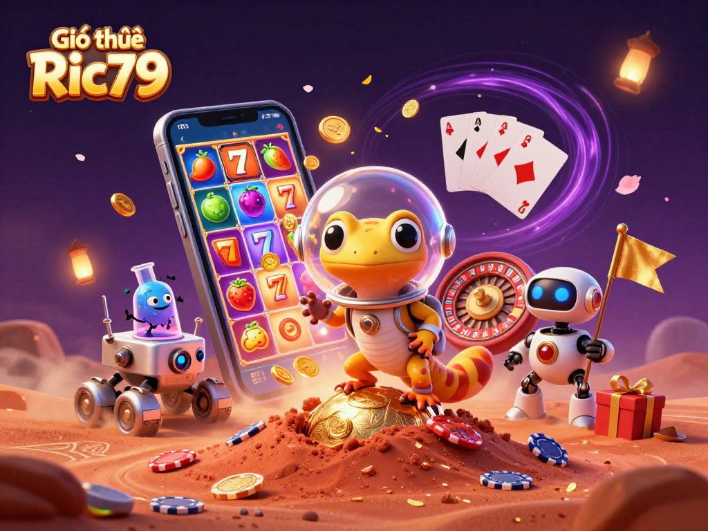 Engaging 3D illustration showcasing Giới thiệu Ric79 with a Martian gecko discovering a vibrant casino scene.