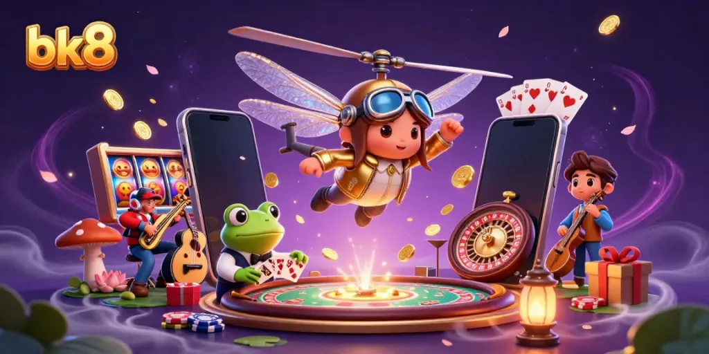 Engage in thrilling action at bk8 with a lively 3D casino scene featuring characters and games.