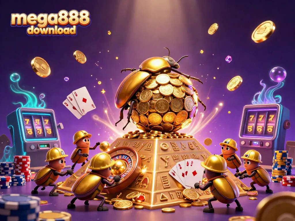 Experience thrilling mega888 download with a golden beetle and casino elements in a dynamic 3D scene