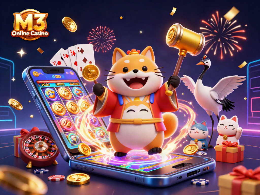 Enjoy the vibrant scene at M3 Online Casino with cheerful tanuki and lucky symbols of fortune.