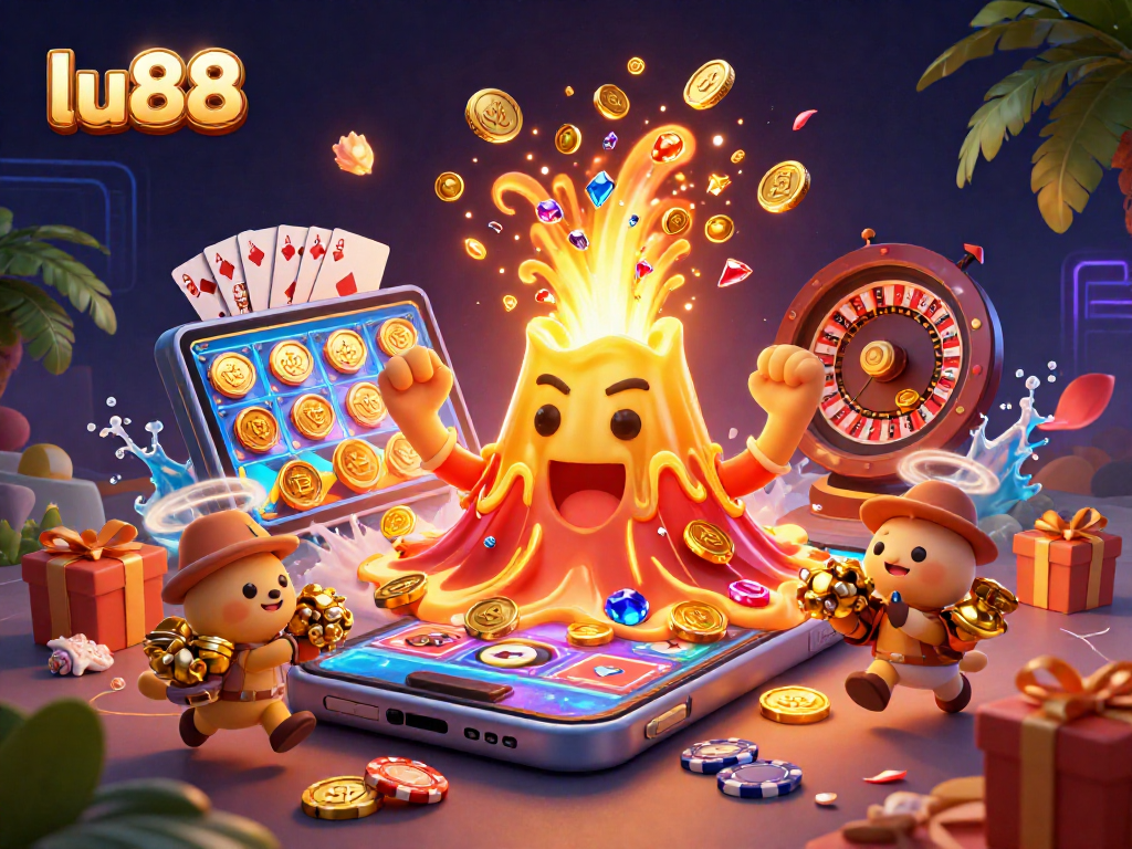 Experience the excitement of lu88 with a vibrant casino scene featuring treasures and lucky charms.
