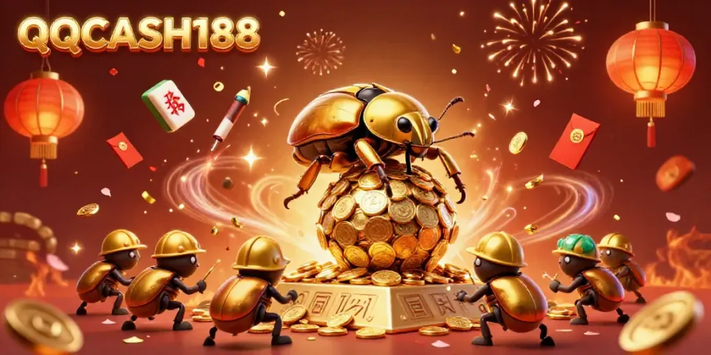 Experience the vibrant energy of QQCASH188 with golden dung beetles amidst festive casino symbols.