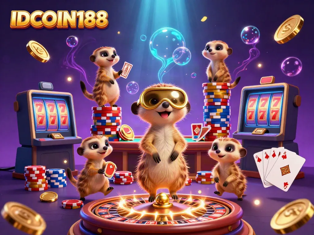 Experience excitement with IDCOIN188's cartoon meerkats operating a dynamic casino scene filled with chips and games.