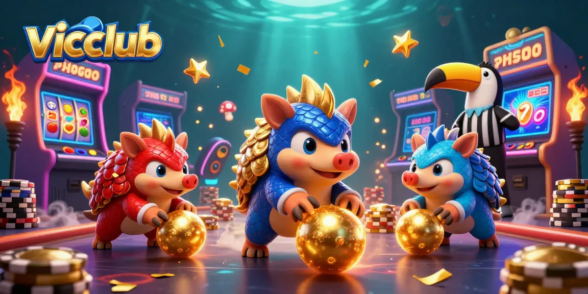 Rival pangolins in vibrant casino scene with vicclub branding and dynamic gaming elements.