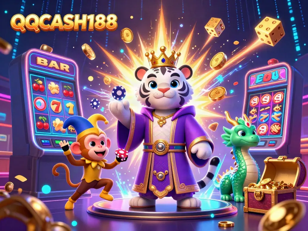 Experience QQCASH188's vibrant casino world with characters and winning symbols in an exciting 3D scene.