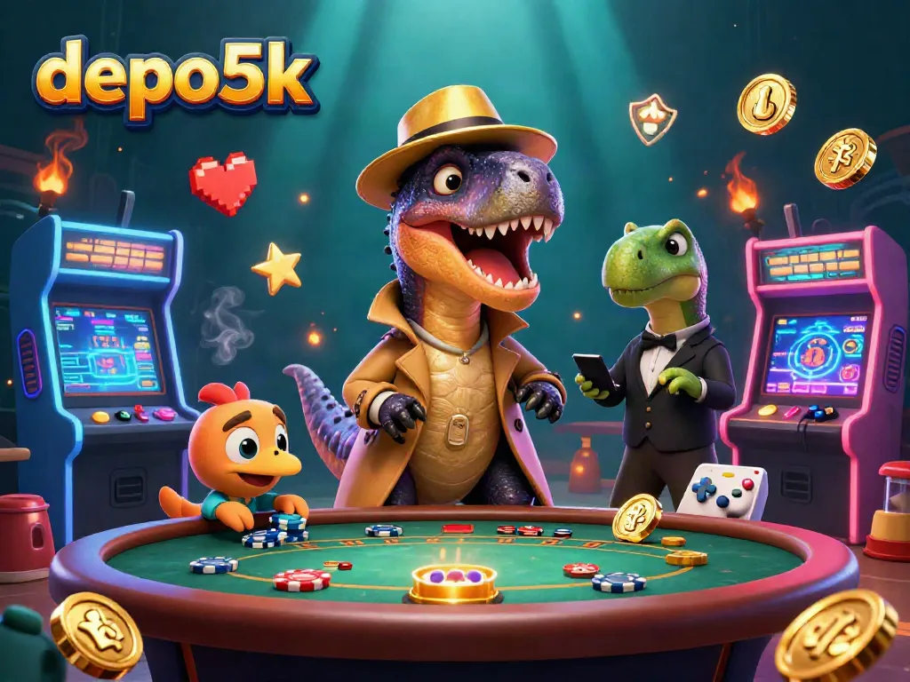 Engage in thrilling gameplay at depo5k's blackjack table with animated dinosaurs, arcade elements, and casino excitement.