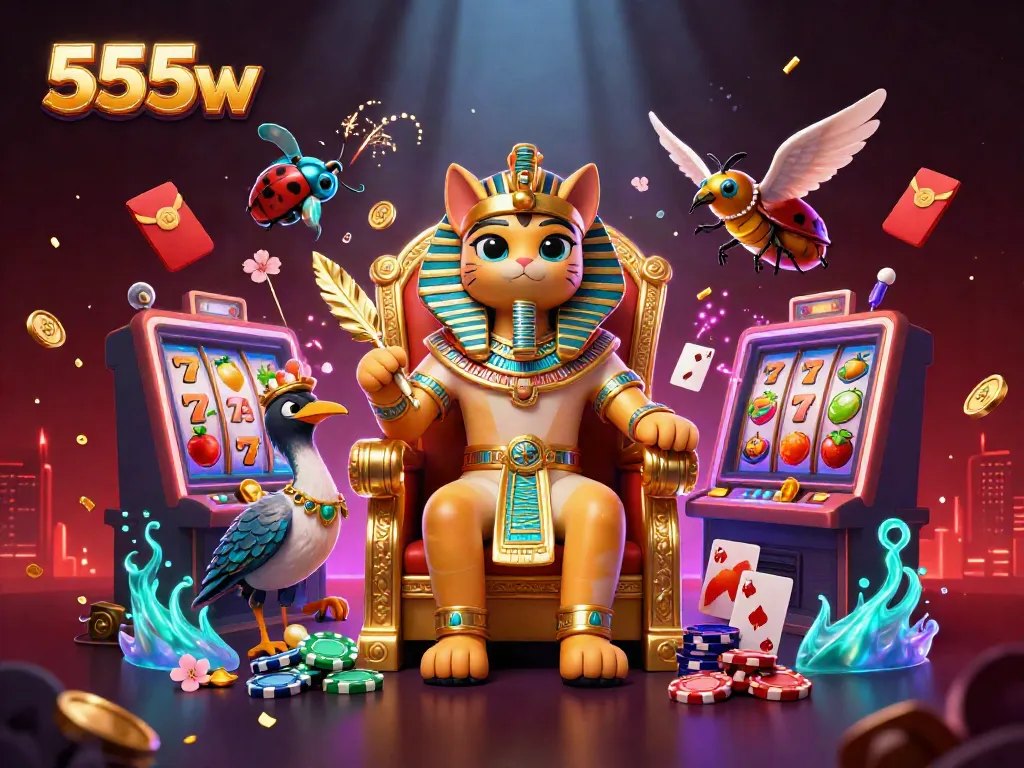 Engage with thrilling slots at 555w featuring an Egyptian pharaoh and lively casino elements.