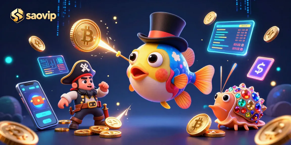 Engage in crypto-gaming excitement with saovip's vibrant anglerfish and treasure-themed 3D illustration.