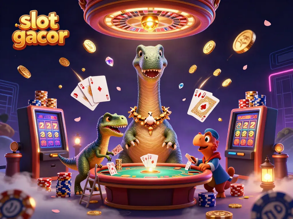 Engage with a vibrant slot gacor casino scene featuring dinosaurs and dynamic gaming elements.
