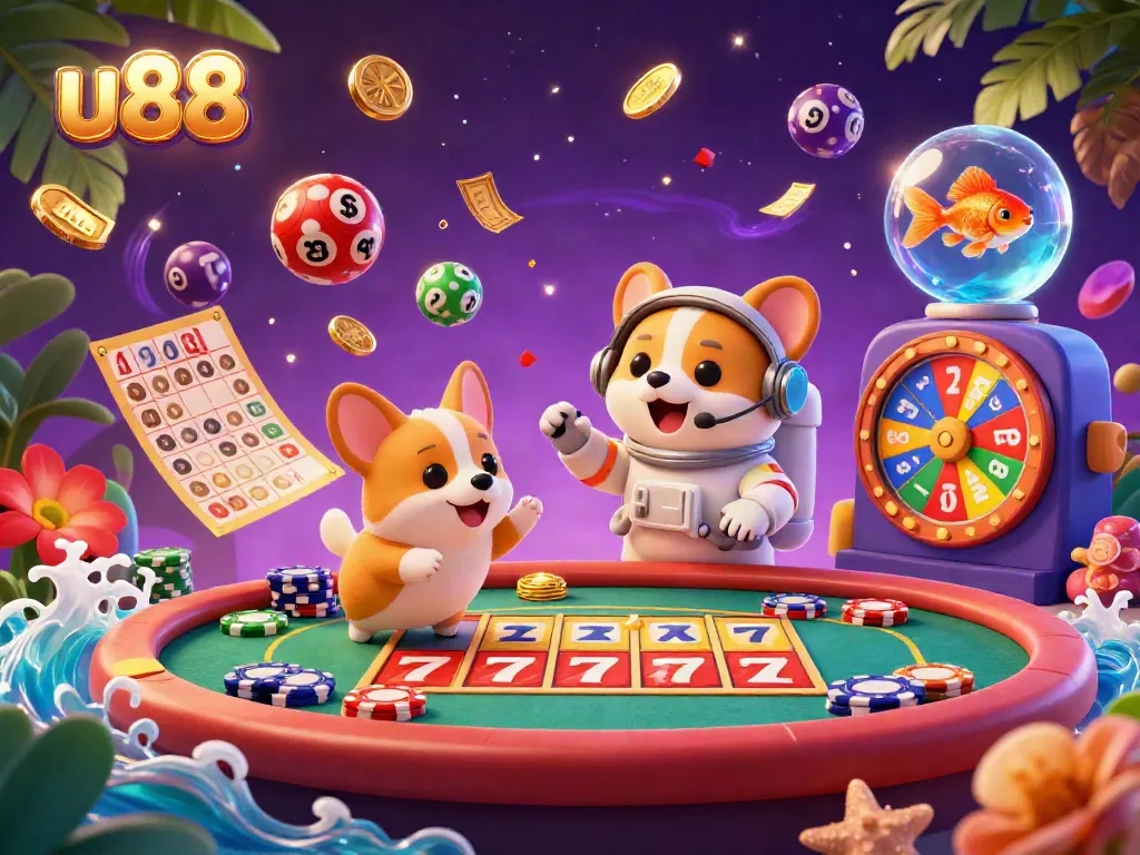 Experience the thrill of u88 with a playful casino scene featuring floating characters and dynamic gambling elements.