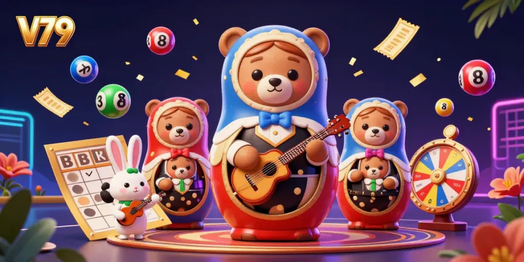 Engaging scene of V79 capturing excitement, featuring a Matryoshka bear and thematic casino elements.