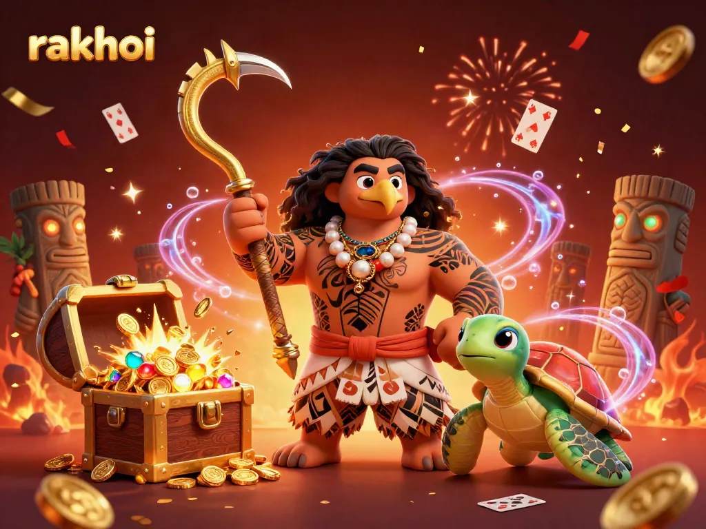 Experience the thrilling rakhoi action with a vibrant 3D rendering of a demigod hawk and turtle in a colorful casino scene.