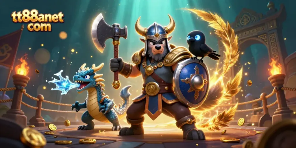 Experience thrilling gameplay at tt88anet com with fierce dragons and Viking warriors in a mystical casino arena.