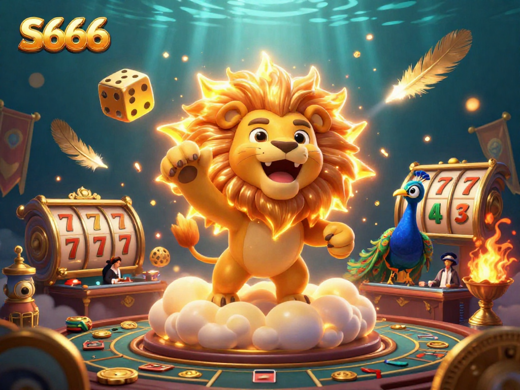 S666 casino game illustration featuring a roaring lion, golden dice, and vibrant slot games.