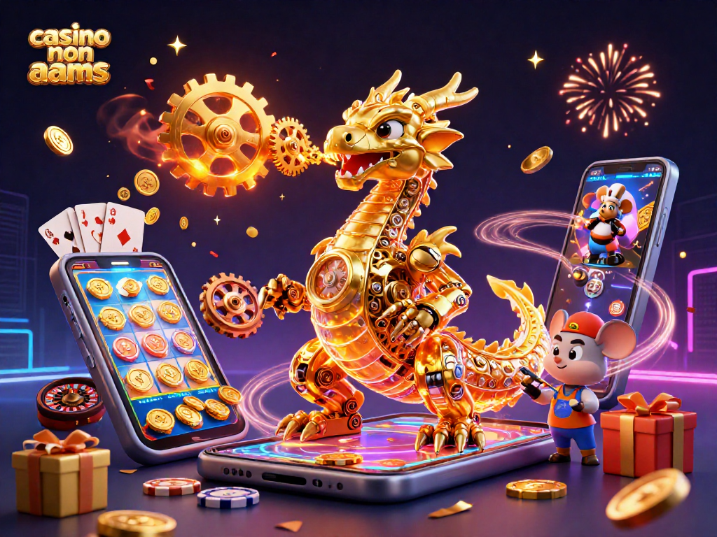Il drago dorato biomeccanico in un'illustrazione di un casinò non aams con giochi e carte da gioco.