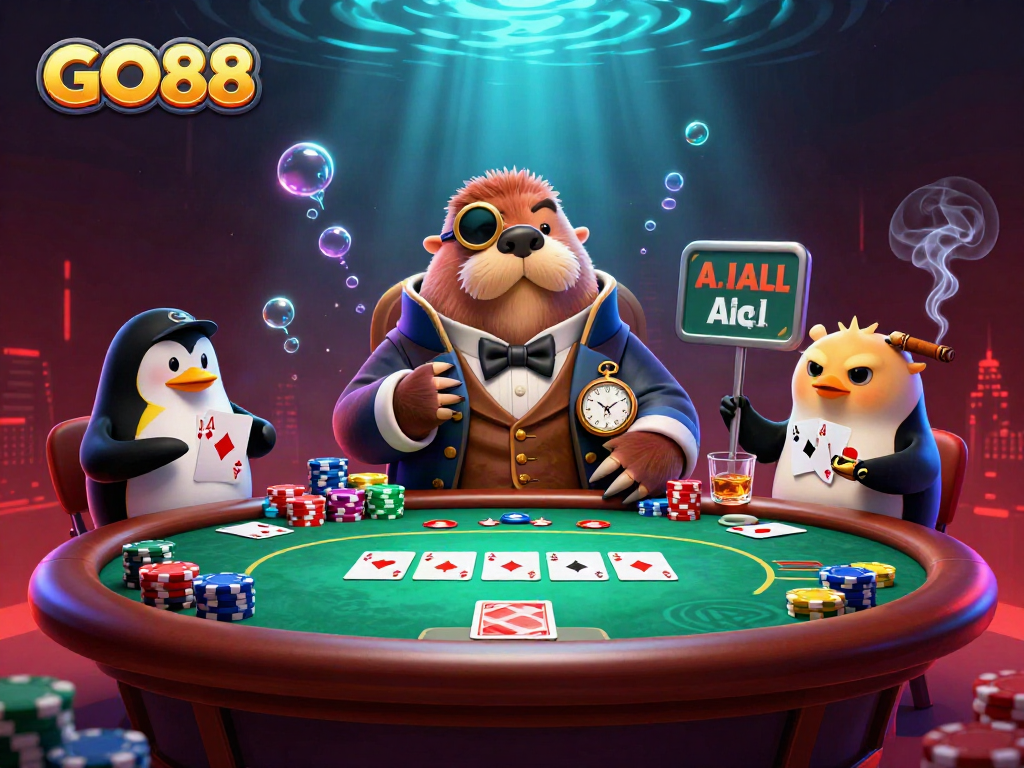 Experience GO88's thrilling underwater poker night with a jolly walrus, sophisticated dealer, and bluffing fish.