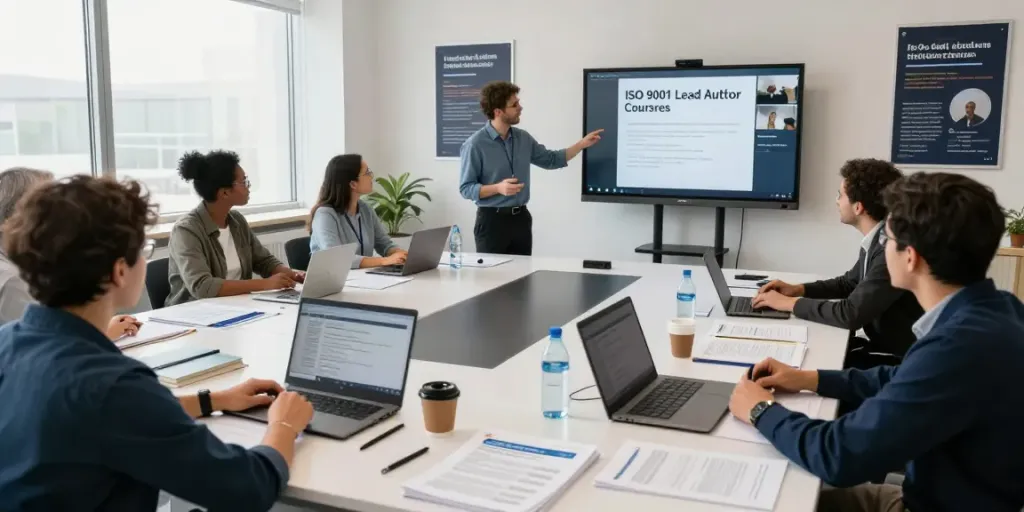 ISO 9001 Lead Auditor Course training session with engaged participants in a modern virtual classroom.