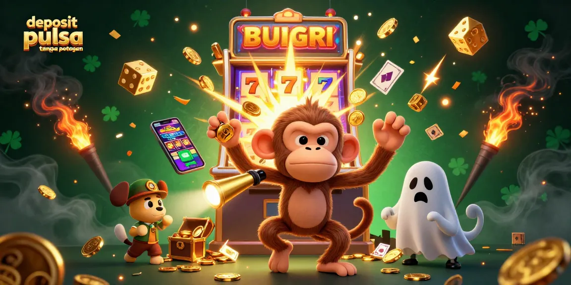 Experience the excitement of deposit pulsa tanpa potongan with a lively scene of a poltergeist monkey and puppy in a vibrant casino.