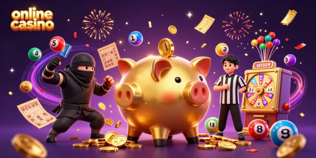 Engage with the online casino experience featuring a golden sumo wrestler, dynamic action, and vibrant game elements.