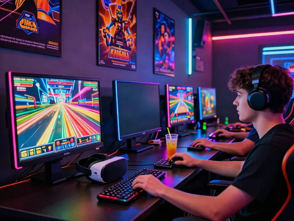 Engaged gamer enjoying qqmacan slot game with vibrant graphics and neon lights.