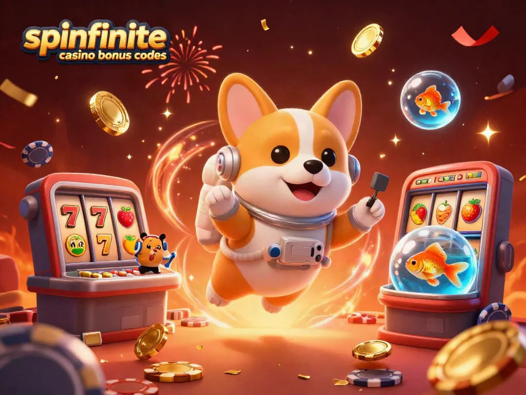 Spinfinite casino bonus codes illustration with playful characters and slot elements in a space casino