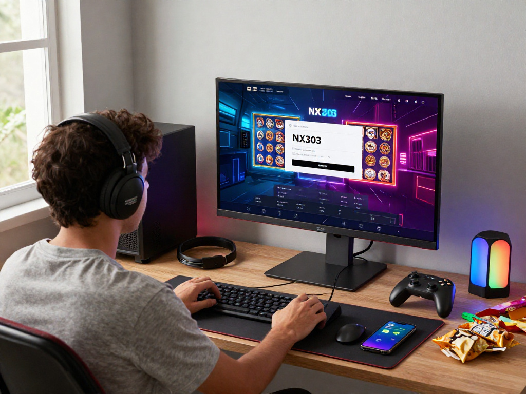 Access the NX303 login platform in a vibrant online gaming setup with engaging visuals, modern desk accessories, and inviting atmosphere.