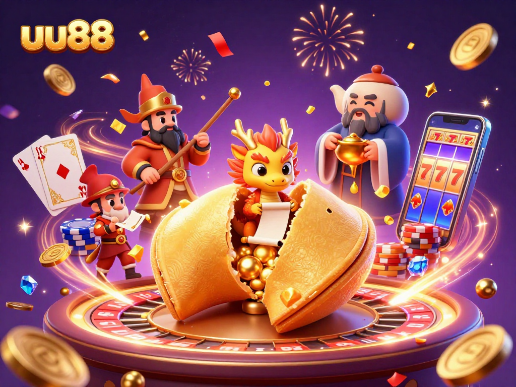 Engage with uu88's vibrant casino scene featuring a fortune cookie and dragon, dynamic game elements.