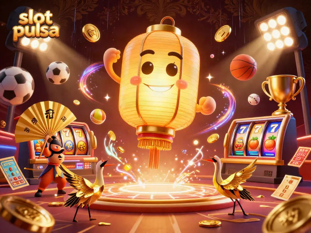 Engage in thrilling slot pulsa action surrounded by golden luck symbols and dynamic sports elements.