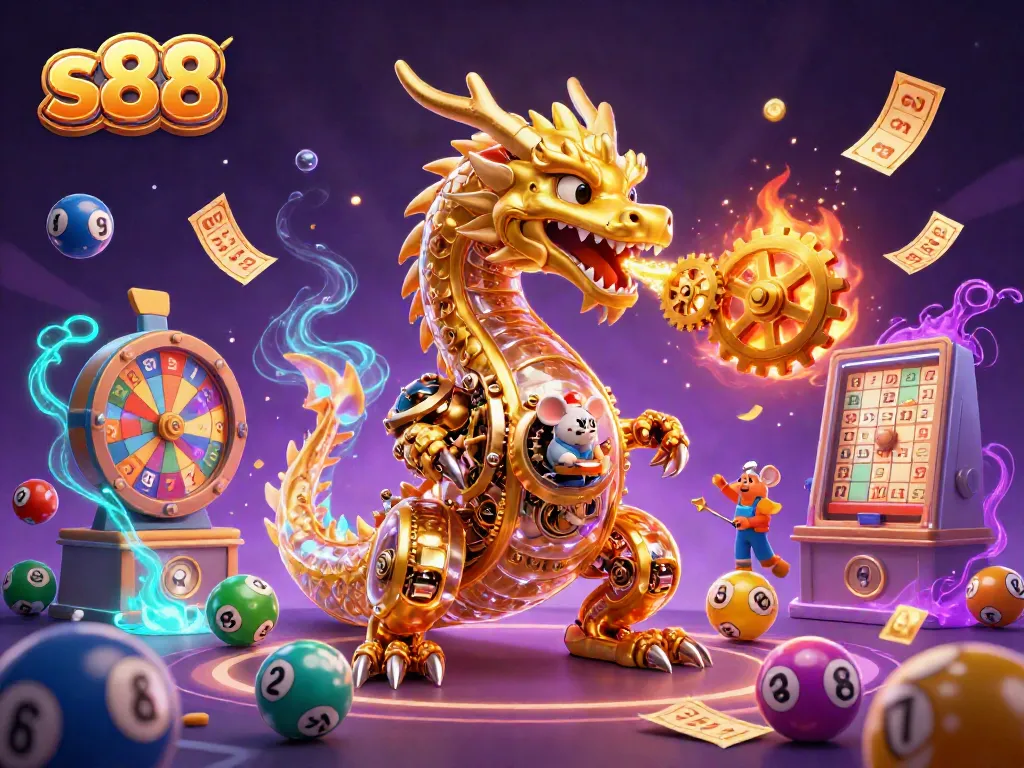 Experience the enchanting s88 world of gambling with a golden dragon and colorful lottery elements.