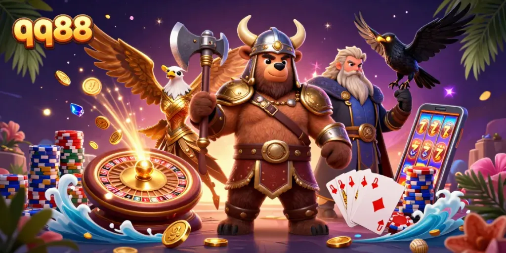 Engage with the thrilling gambling world of qq88, featuring a cartoon Viking bear and Valkyrie eagle in a vibrant casino scene.