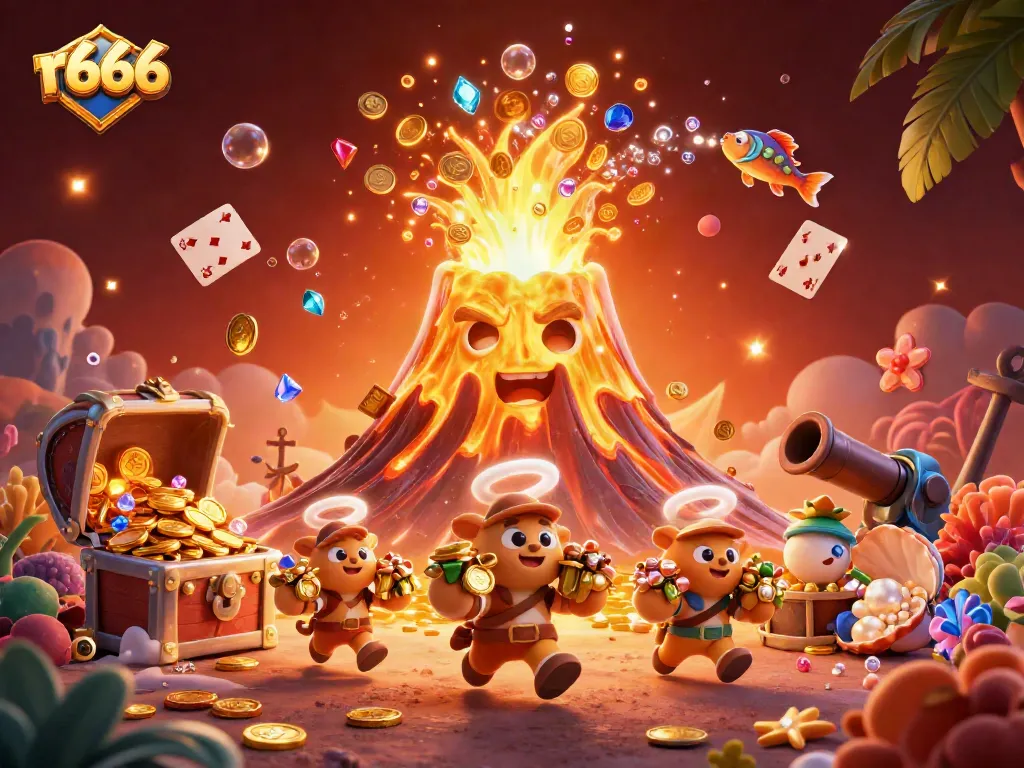 Experience the thrill of r666 with a vibrant casino-themed scene featuring erupting treasures and lively game elements.