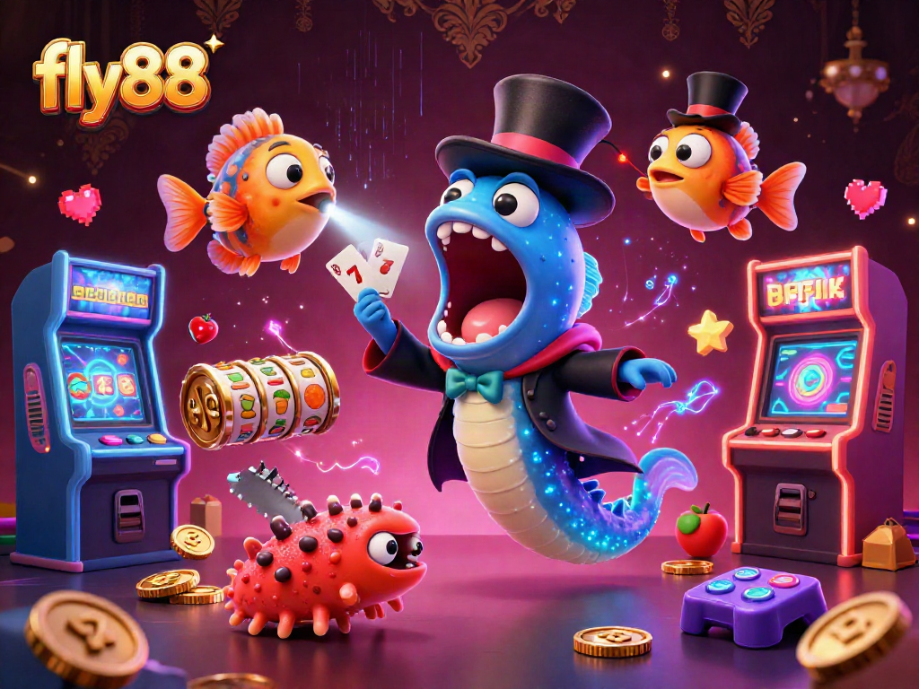 Experience thrilling gameplay with fly88's vibrant characters and slot action in a dynamic casino scene.
