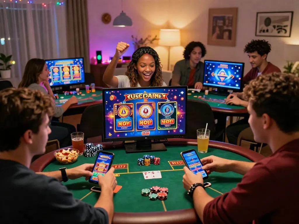 Exciting atmosphere of USA casinos for UK players celebrating wins in a cozy online gaming environment.