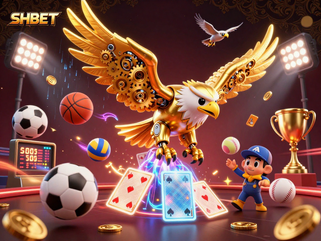 Experience thrilling gameplay at SHBET with a dynamic casino scene featuring a golden eagle amidst sports elements.