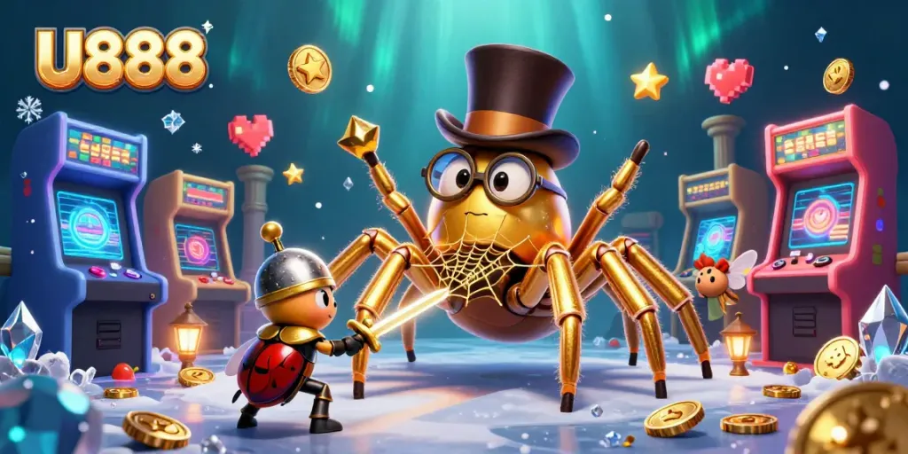 U888 captivates with its vibrant casino scene showcasing a golden tarantula and beetle knight.