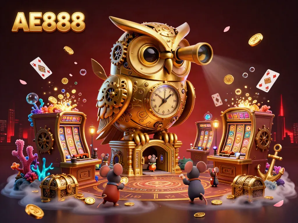 Experience thrilling gaming action with AE888's mesmerizing casino scene featuring an owl and charming mouse patrons.