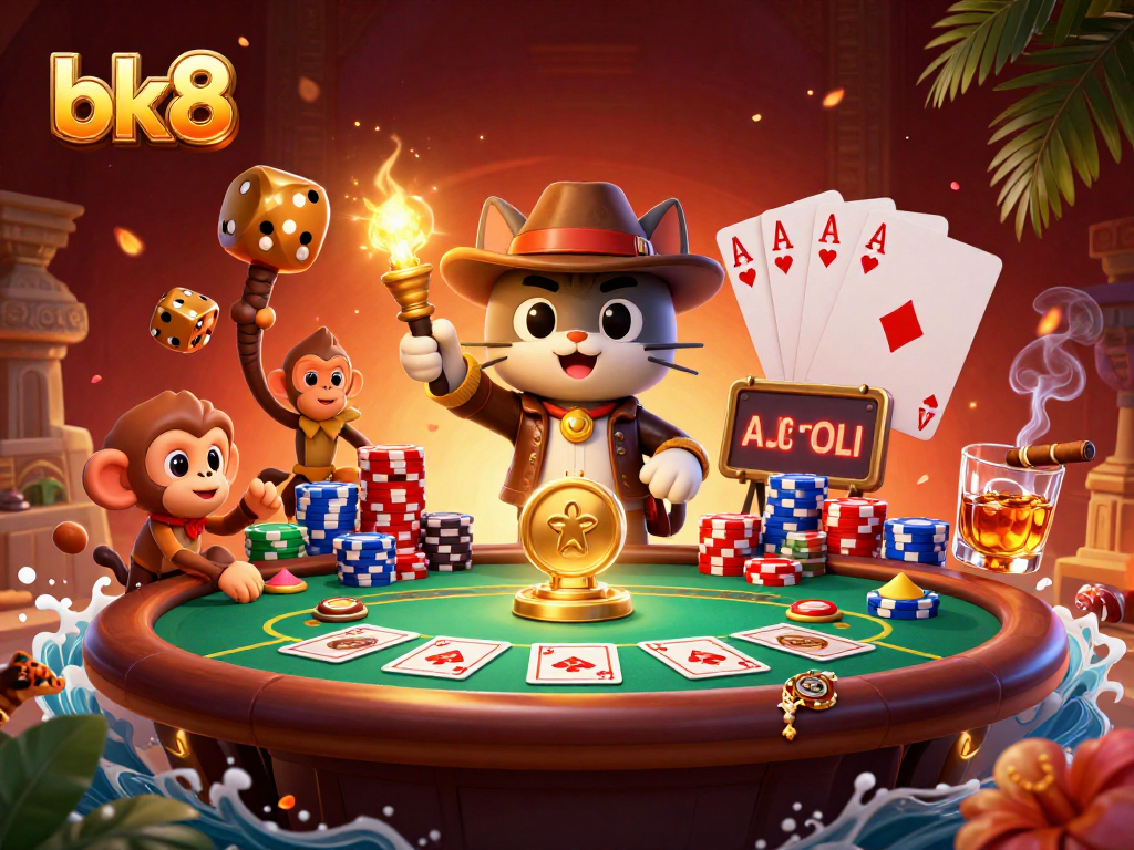 Experience thrilling action with bk8 in this vibrant 3D illustration showcasing a cat archaeologist and monkey companion amid poker excitement.