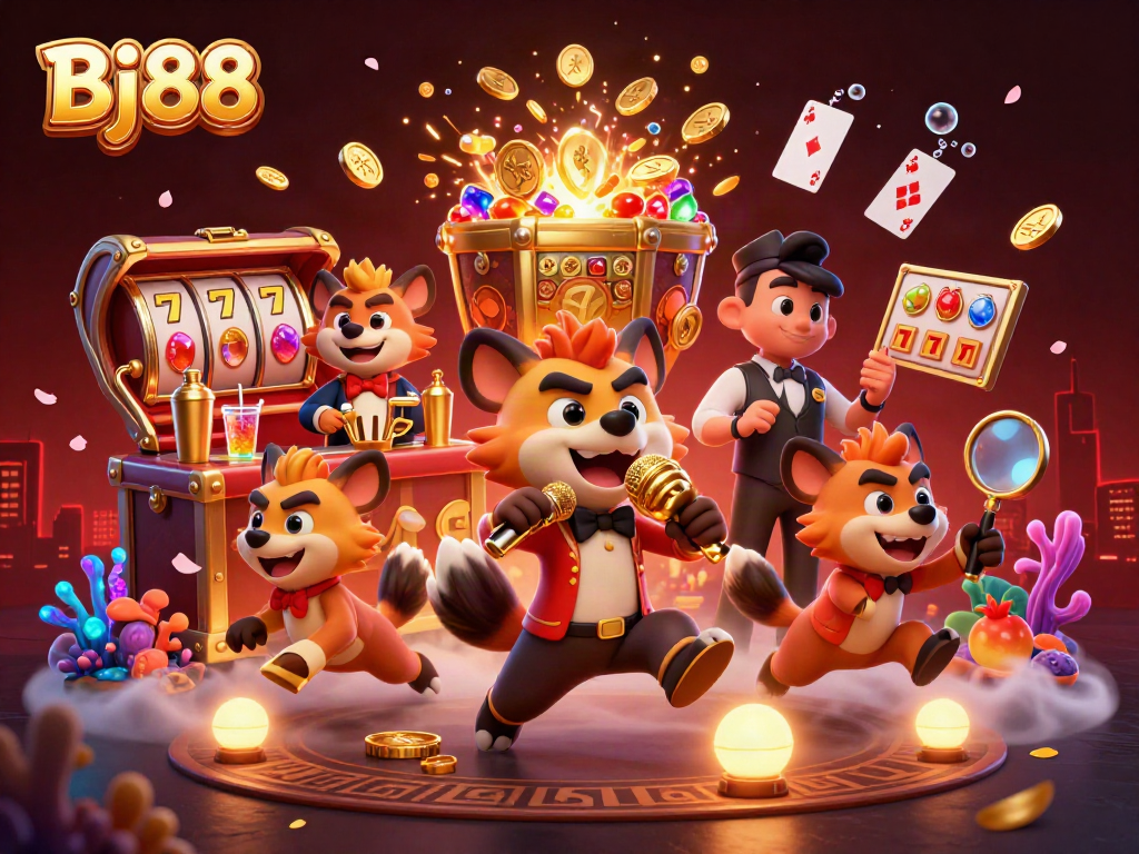 Bj88 engages players in a vibrant comedy casino scene featuring animated hyenas and dynamic gaming elements.