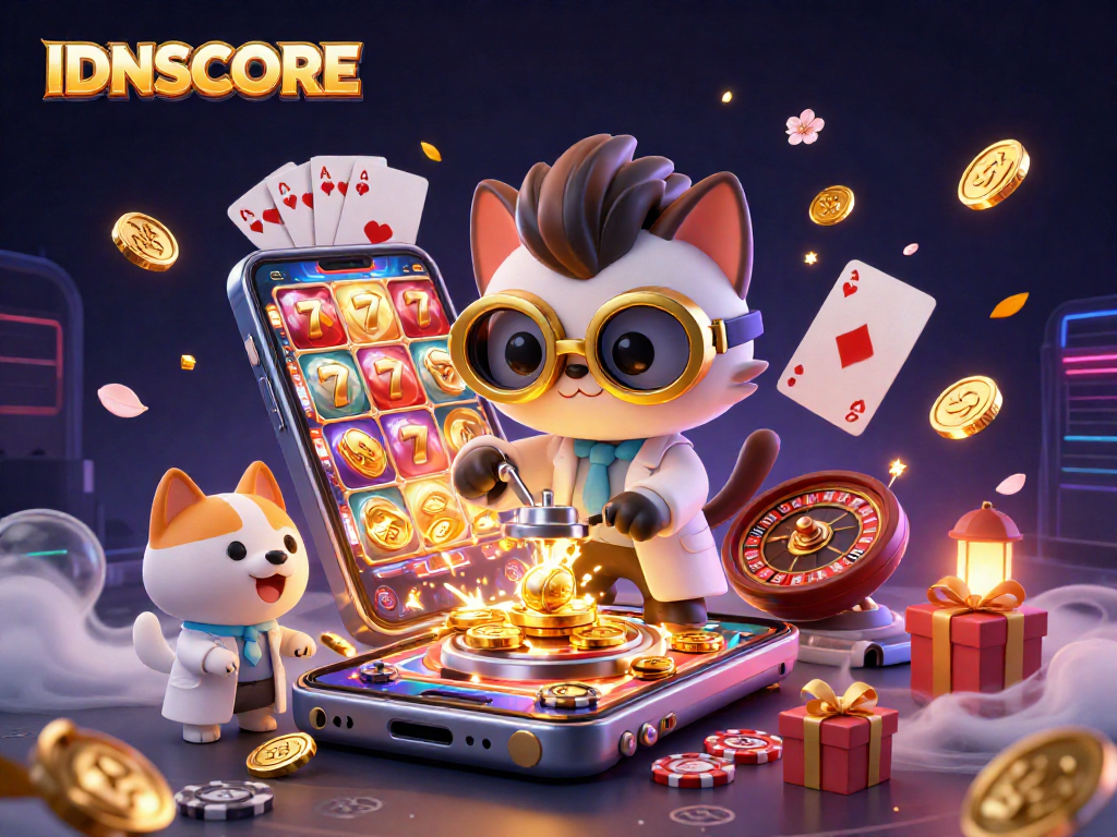 Engage with IDNSCORE's thrilling loyalty points offers and vibrant slot games in a dynamic illustration.