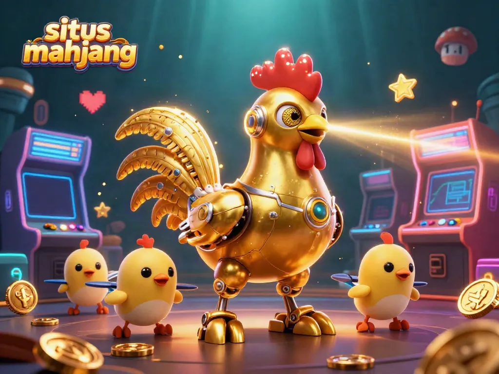Engage in situs mahjong with a playful golden rooster robot and vibrant gaming elements.