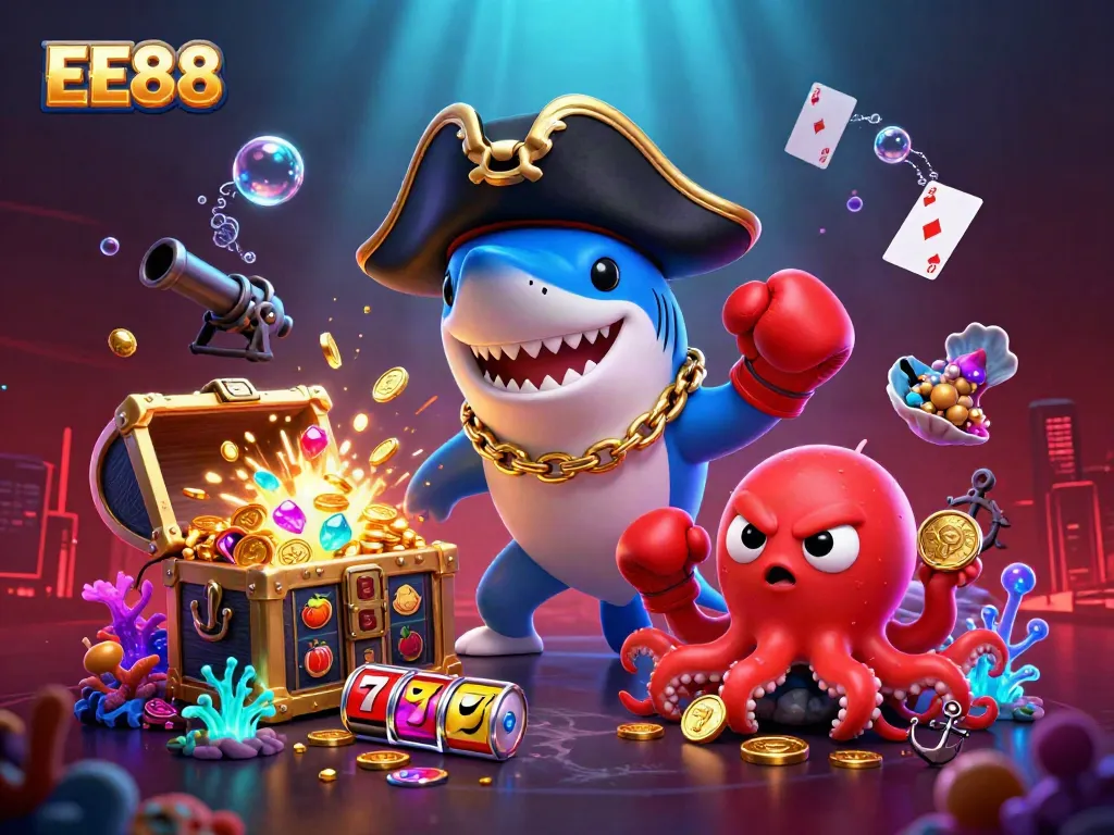 Play slots with excitement as EE88 displays a 3D pirate scene filled with treasure and floating slot reels.