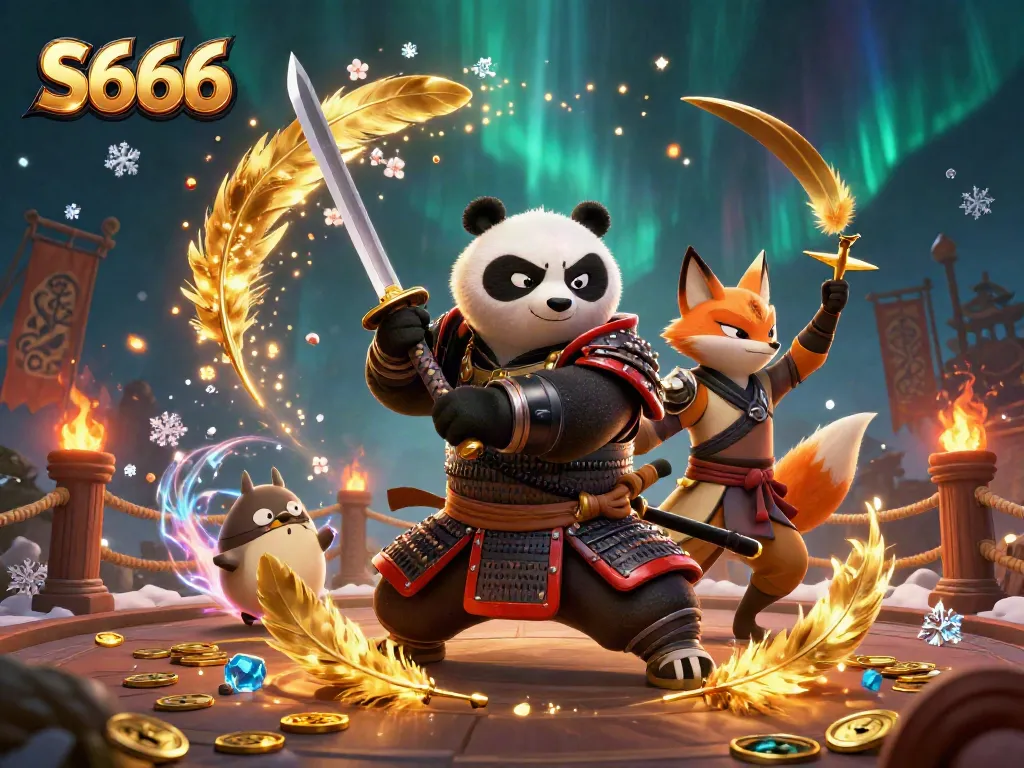 Experience thrilling gaming with S666 featuring samurai panda drawing a katana amidst vibrant casino elements.