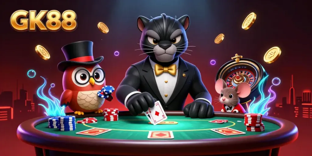 Experience the thrill of GK88 with a stylish panther dealer, an owl, and a lucky mouse in an animated casino setting.